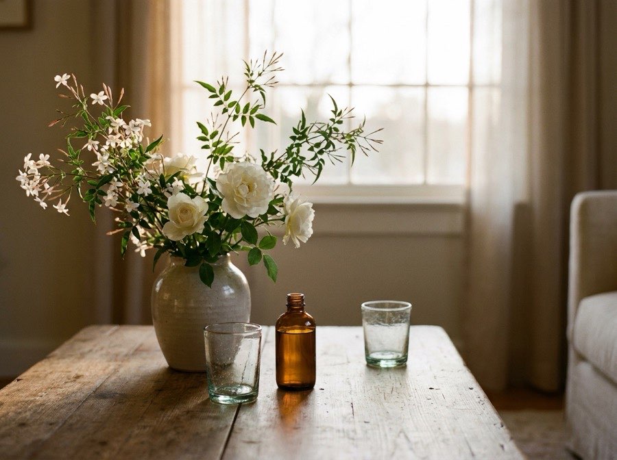 Couchtisch mit Rosen, Jasmin und zwei Gläsern
