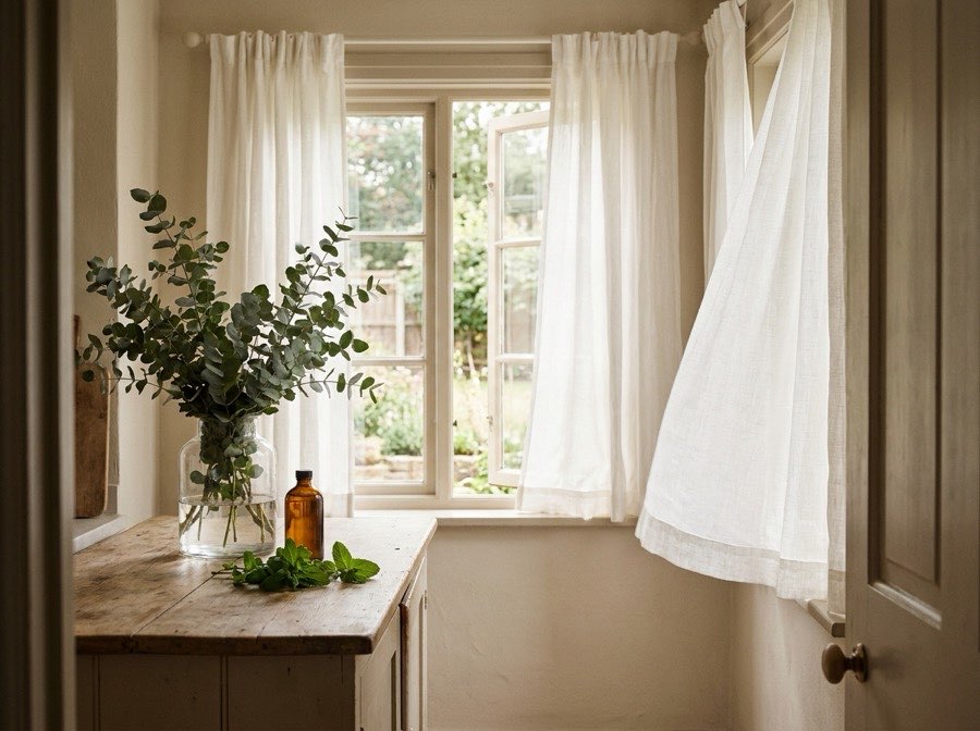 Offenes Fenster mit Eukalyptus, Minze und einem Fläschchen Öl
